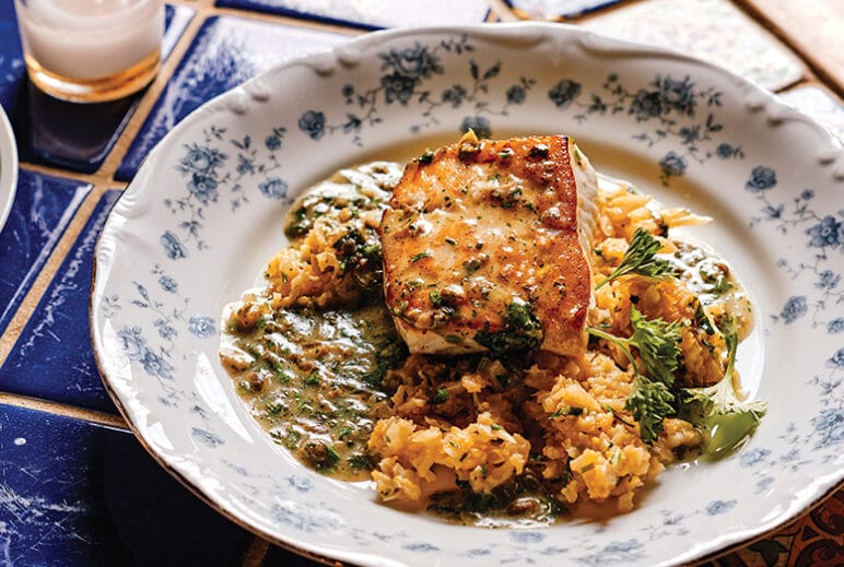Halibut with cauliflower and capers on vintage china at the Sergeantsville Inn in Sergeantsville, NJ