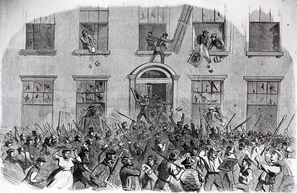 19th century print of rioters attacking brownstones