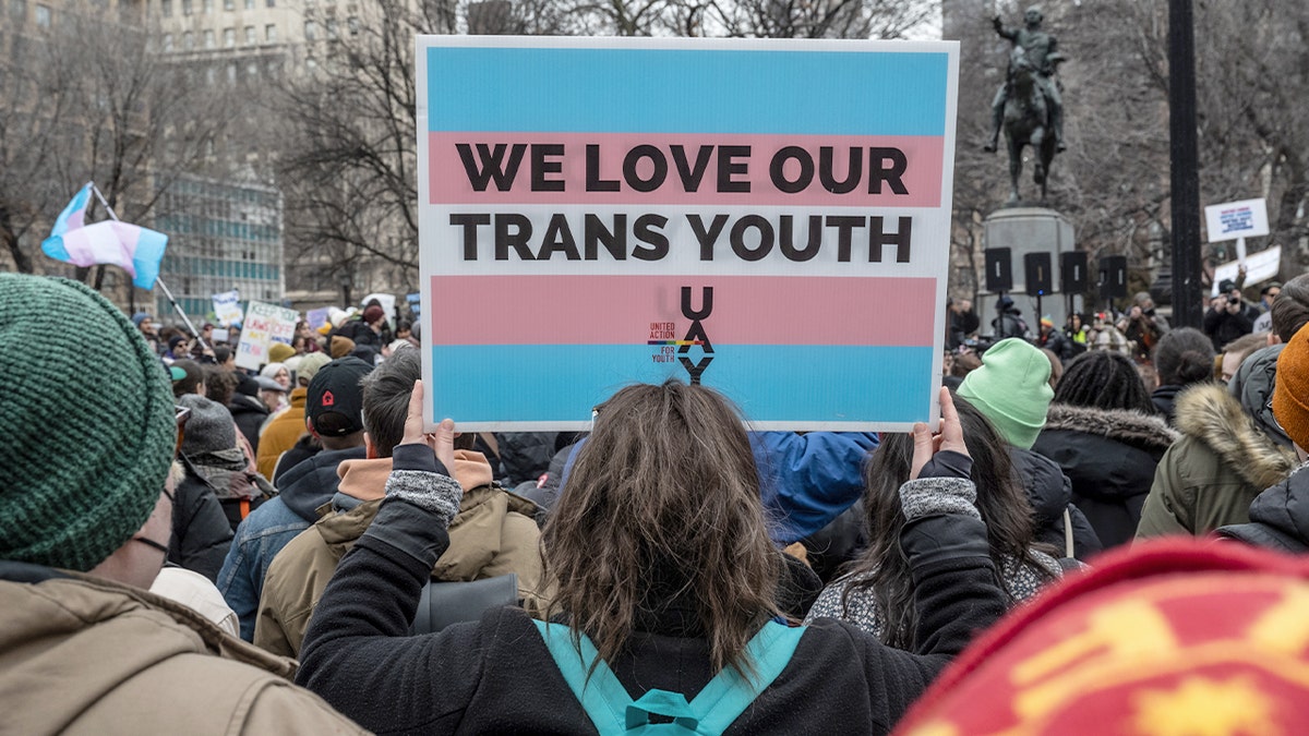 Protester holds sign reading "We love our trans youth"