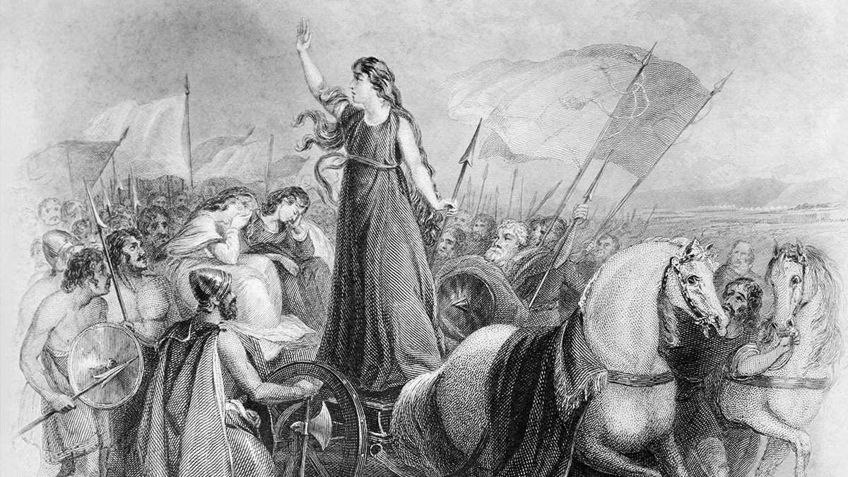 Boudica leading troops against Romans