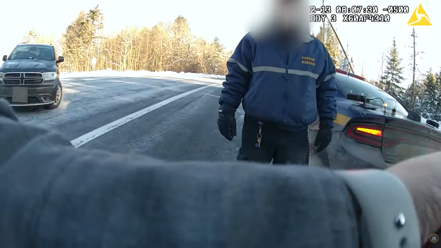 Bodycam video of New York State Police trooper struck after driver blows through stop sign
