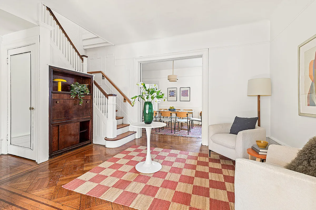 living room with wood floor, staircase