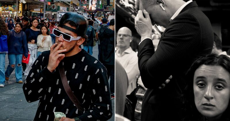 On the left, a man in sunglasses and a cap smokes in a busy street; on the right, in black and white, a person in a suit covers their face while a woman in front looks tired or sad among a crowd.