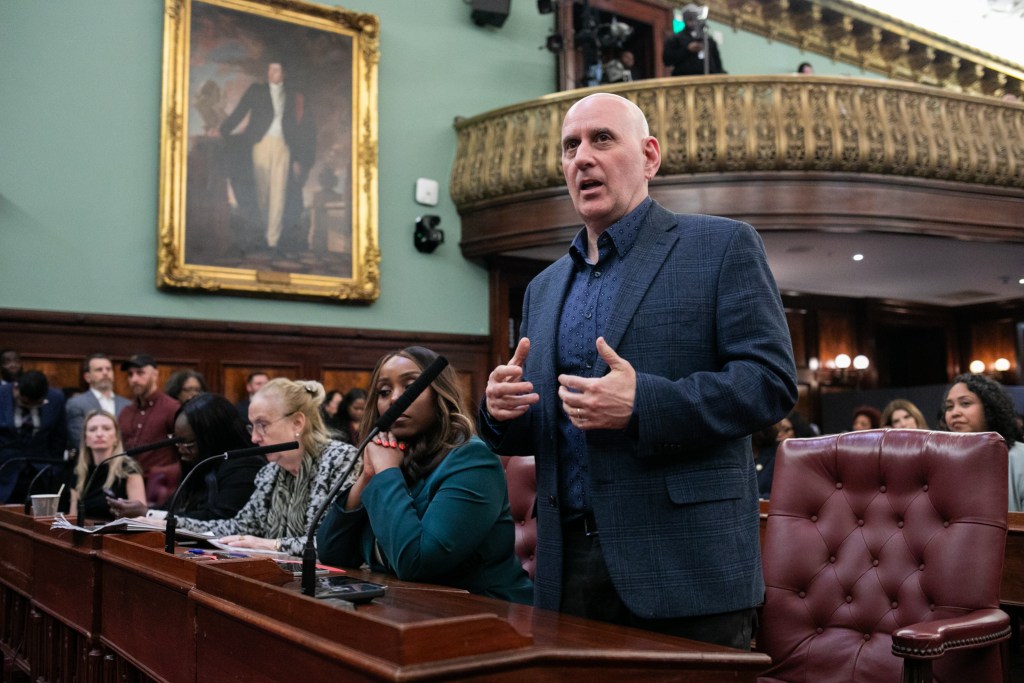 Councilmember Harvey Epstein (D-Manhattan) speaks at the first full City Hall meeting of the year,