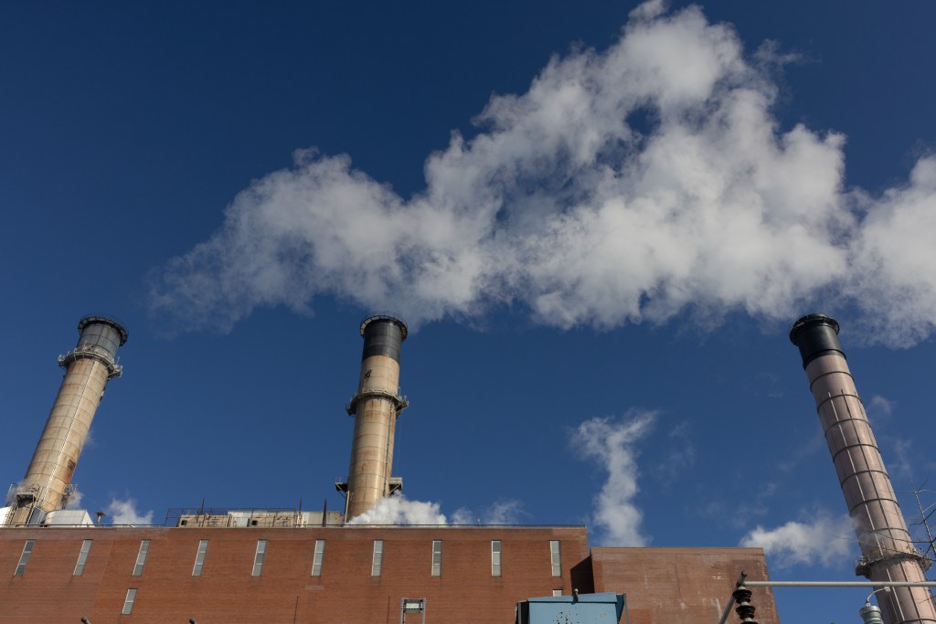 Smoked billows out of smokestacks at the Con Edison East River Generating Station in Manhattan,