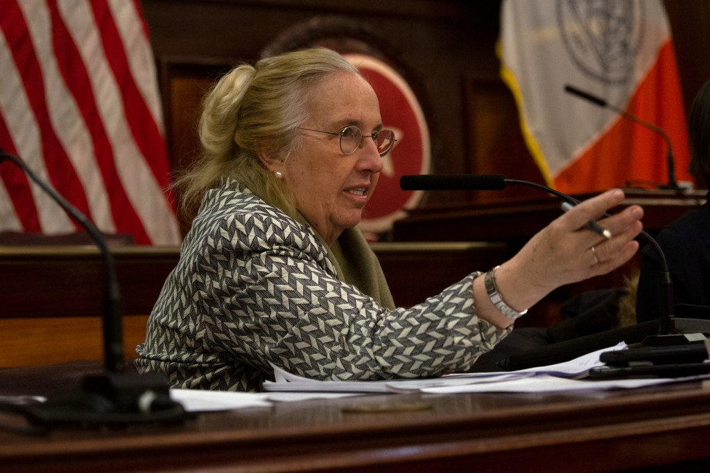 Councilmember Gail Brewer speaks about vendors clogging the Brooklyn Bridge pedestrian plaza during a hearing at City Hall.