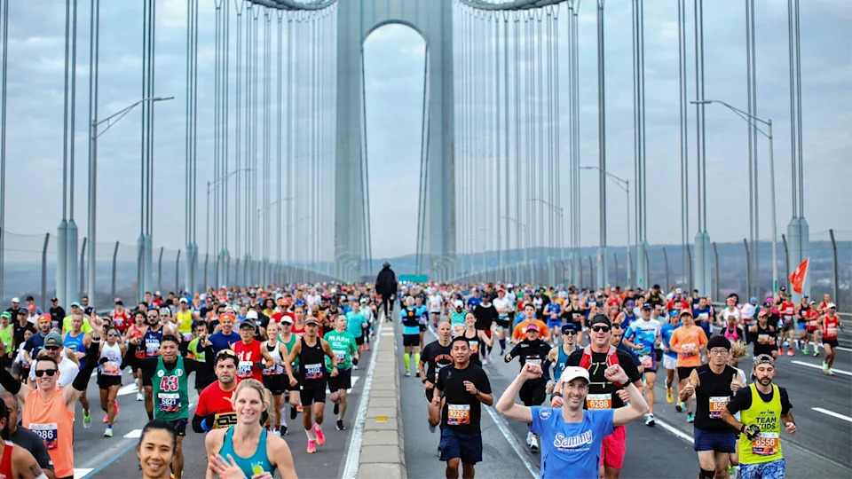 <div>TOPSHOT - Runners cross the Verrazano Bridge before competing in the 52nd Edition of the New York City Marathon on November 5, 2023. (Photo by Kena Betancur / AFP) (Photo by KENA BETANCUR/AFP via Getty Images)</div>