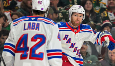Mar 14, 2026; Saint Paul, Minnesota, USA;  New York Rangers defensemen Vladislav Gavrikov (44) celebrates his goal against the Minnesota Wild with forward Noah Laba (42) during the first period at Grand Casino Arena. Mandatory Credit: Nick Wosika-Imagn Images