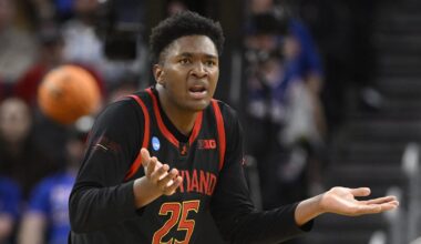 Mar 27, 2025; San Francisco, CA, USA: Maryland Terrapins center Derik Queen (25) reacts during the second half against the Florida Gators during a West Regional semifinal of the 2025 NCAA tournament at Chase Center. Mandatory Credit: Eakin Howard-Imagn Images