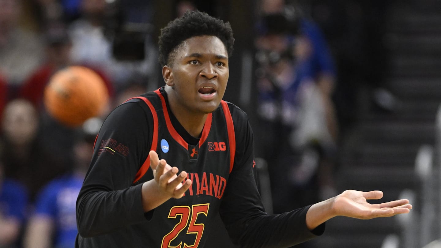 Mar 27, 2025; San Francisco, CA, USA: Maryland Terrapins center Derik Queen (25) reacts during the second half against the Florida Gators during a West Regional semifinal of the 2025 NCAA tournament at Chase Center. Mandatory Credit: Eakin Howard-Imagn Images