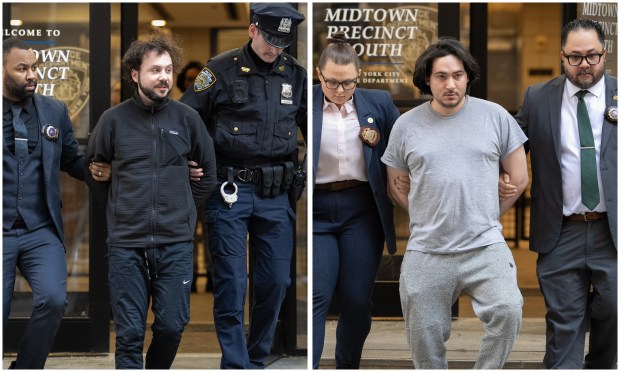 Michael James, left, and Michael Santiago are pictured in police custody.