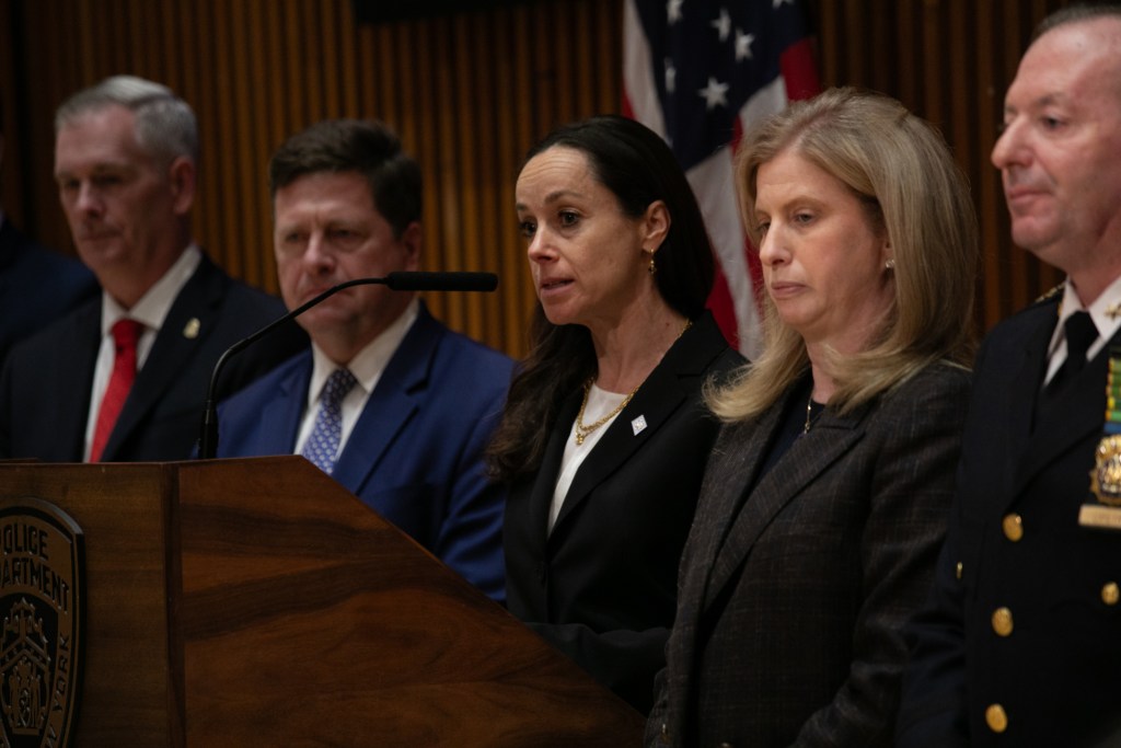 NYPD counter terrorism head Rebecca Weiner speaks alongside NYPD Commissioner Jessica Tisch about the investigation into two men who threw explosive devices at a protest outside Gracie Mansion