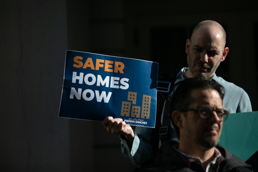 Councilmember Pierina Sanchez (D-Bronx) holds a City Hall rally ahead of hearing on the city’s third party transfer system for neglectful landlords,