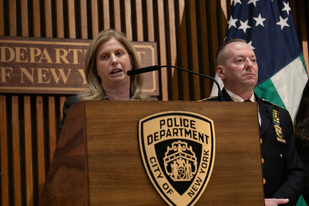 NYPD Commissioner Jessica Tisch speaks at One Police Plaza about the investigation into two men who threw explosive devices at a protest outside Gracie Mansion,