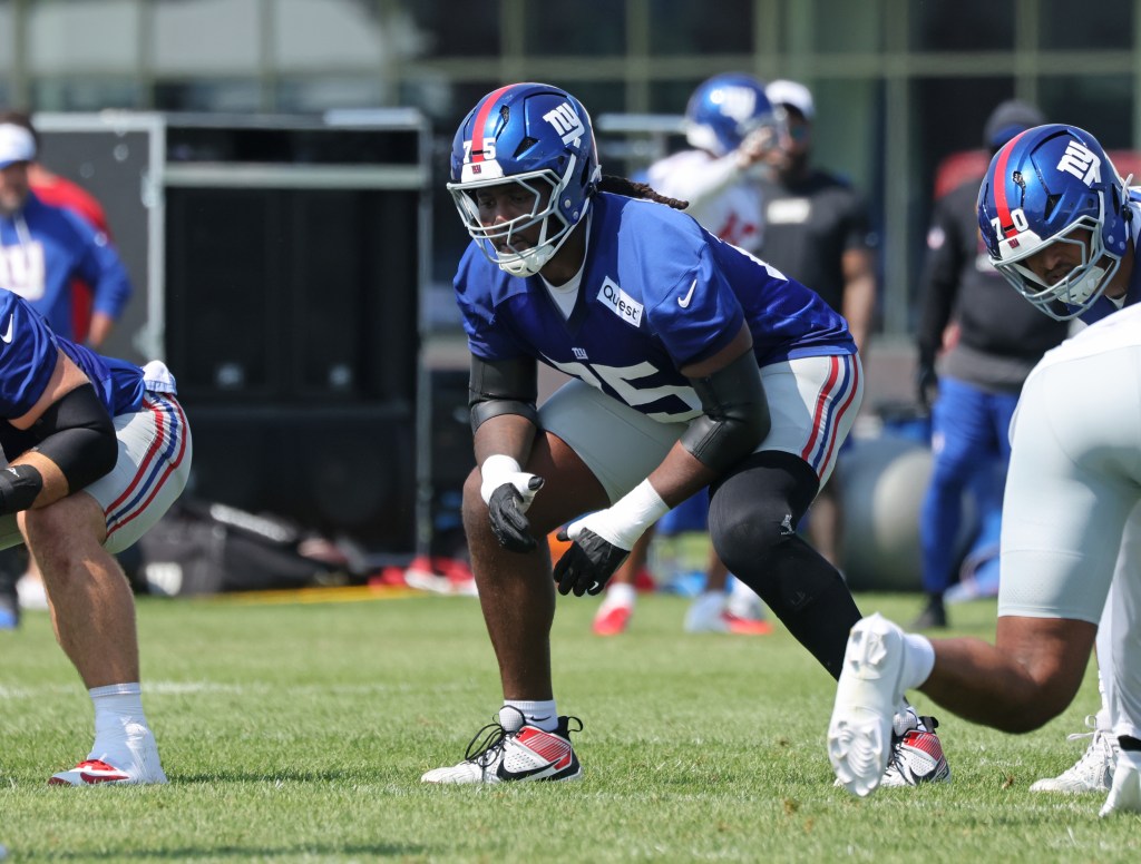 New York Giants guard Joshua Ezeudu #75, during practice at the Giants training facility in East Rutherford, NJ.