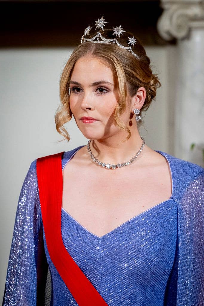 Princess Amalia of The Netherlands attends the state banquet in honor of President Marcelo Rebelo de Sousa of Portugal at the Royal Palace on December 10, 2024 in Amsterdam, Netherlands. 