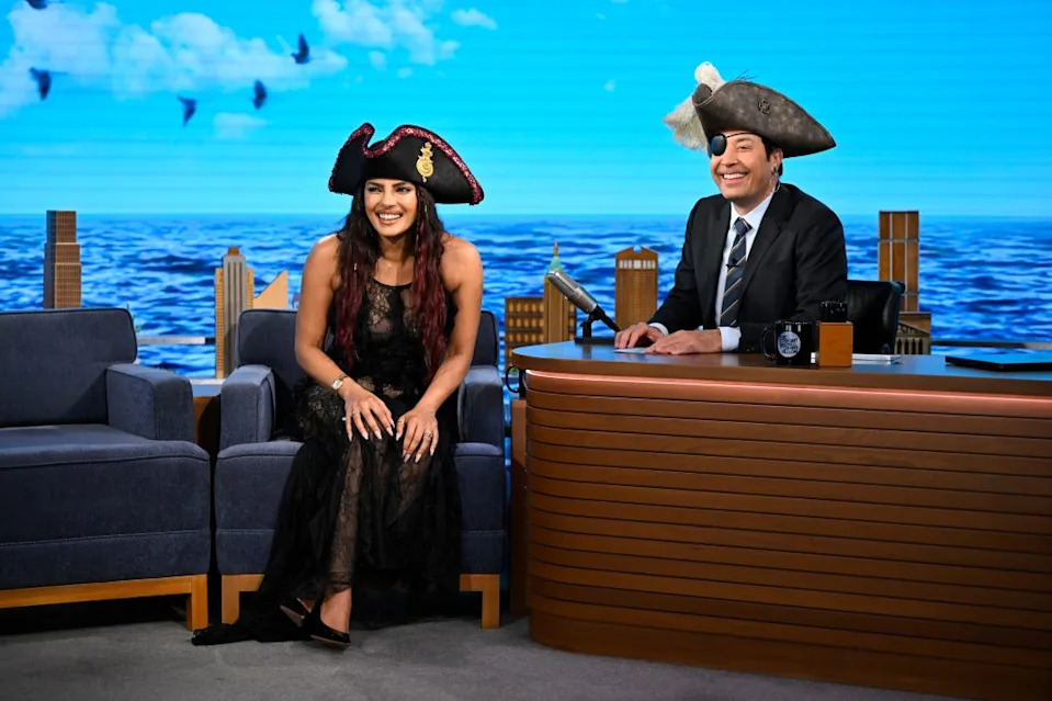 She played a game with host Jimmy Fallon during her segment, adding a pirate hat to her ensemble. Todd Owyoung/NBC via Getty Images