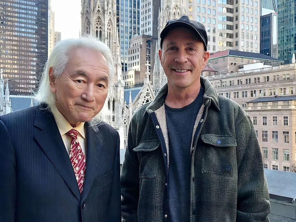 Gabriel Rotello, right, is seen on the set of History channel's "The Universe," with physicist and science writer Michio Kaku. The series explores everything from black holes and gravity to how humans could exist in space. (Courtesy of Gabriel Rotello)