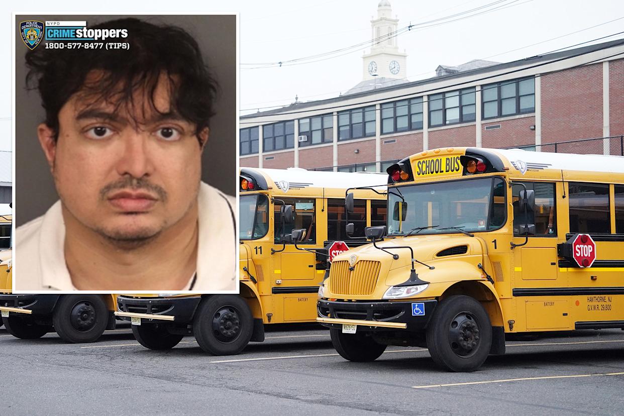 A male teacher and yellow school buses.
