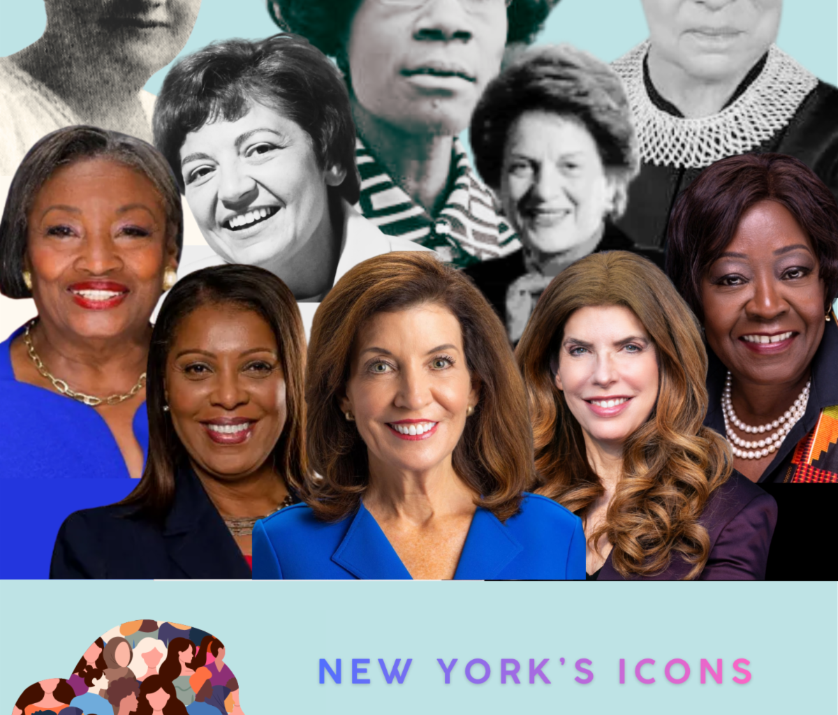 New York icons, top row: Mary Lilly, Shirley Chisholm, Ruth Bader Ginsberg. Middle row: Mary Anne Krupsak, Judith Kaye. Bottom row: Andrea Stewart-Cousins, Letitia James, Kathy Hochul and Crystal People-Stokes. Photo: Brooklyn Democratic Party