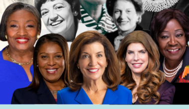 New York icons, top row: Mary Lilly, Shirley Chisholm, Ruth Bader Ginsberg. Middle row: Mary Anne Krupsak, Judith Kaye. Bottom row: Andrea Stewart-Cousins, Letitia James, Kathy Hochul and Crystal People-Stokes. Photo: Brooklyn Democratic Party