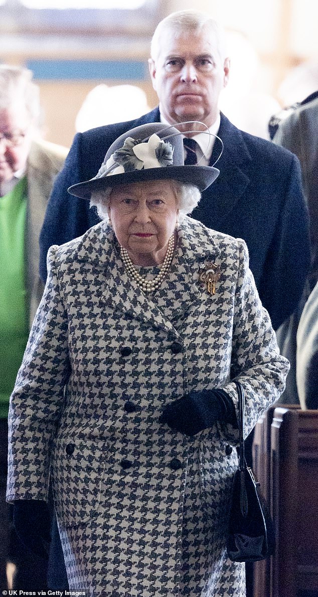 The Queen and Andrew Mountbatten-Windsor pictured attending a service at St Mary the Virgin Church in Hillington, Sandringham in 2020