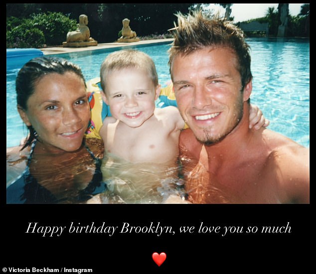 Minutes after David's post Victoria shared the same photo and wrote 'happy birthday Brooklyn, we love you so much'
