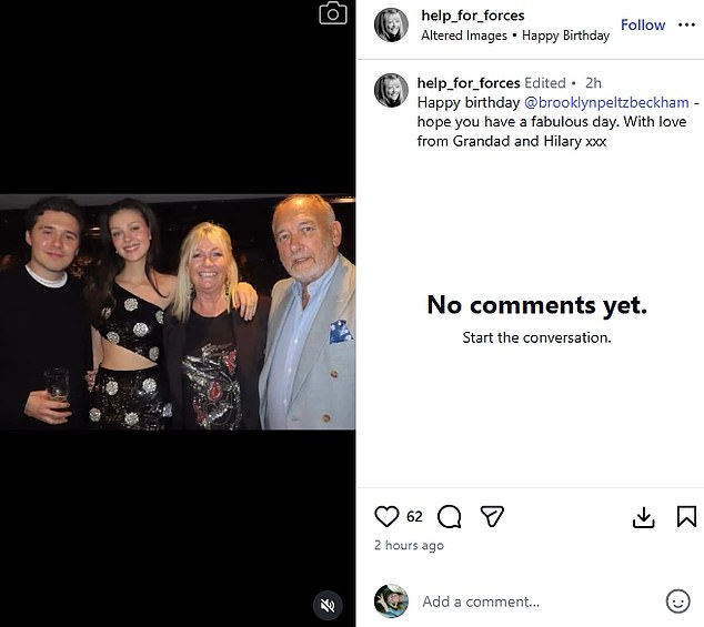 Alongside the snaps, they wrote: 'They wrote: 'Happy birthday Brooklyn. Hope you have a fabulous day. With love from Grandad and Hilary