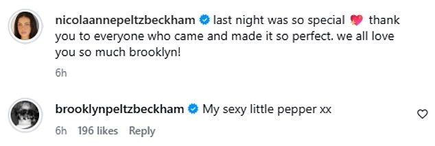 Nicola appeared to make a jibe at the Beckhams - who are known for always professing their love for family members in their captions - as she penned: 'we all love you so much brooklyn!'