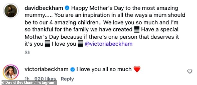 It came as David shared a gushing tribute to Victoria on Mother's Day morning and shared a throwback picture of her while she was pregnant