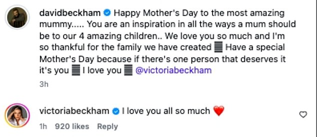 David and Victoria Beckham led the celebrity tributes for Mother's Day with heartfelt messages dedicated to the people 'who have always been there'