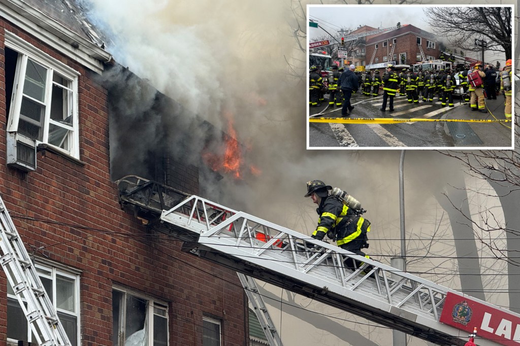 Collage of firefighters battling a building fire.