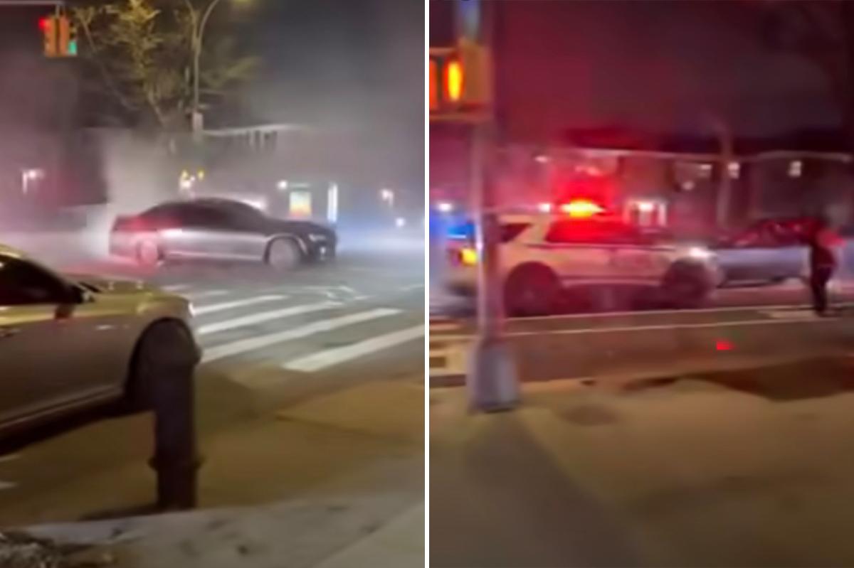 Chaotic video shows Queens drag racer doing donuts at intersection before police chase