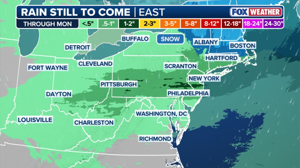 Weather map showing rain and snow accumulation forecasts for the eastern US.