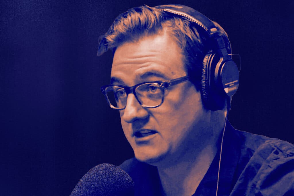 The podcast guest, Chris Hayes — reproduced in a sepia-tinted photograph.