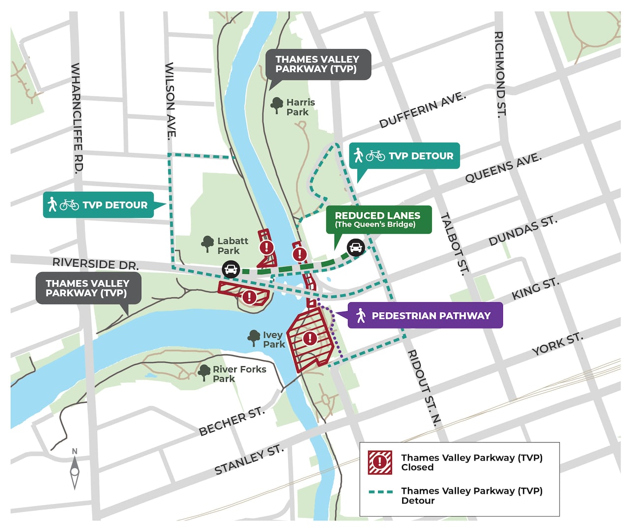 A map of the construction impact because of the Queens Bridge rehabilitation project.
