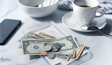 Image of a cafe receipt with U.S. money on top to pay the bill.