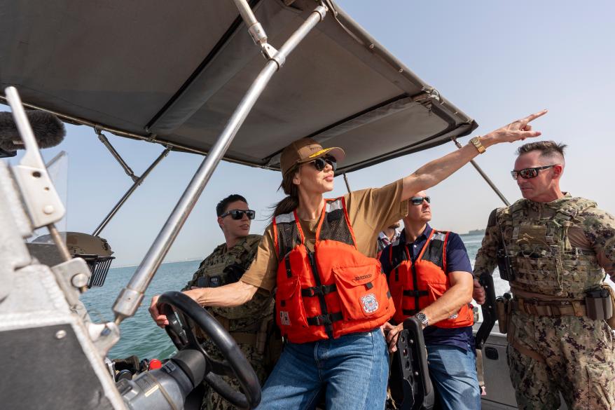 Noem piloting a boat in Manama, Bahrain on May 25, 2025.