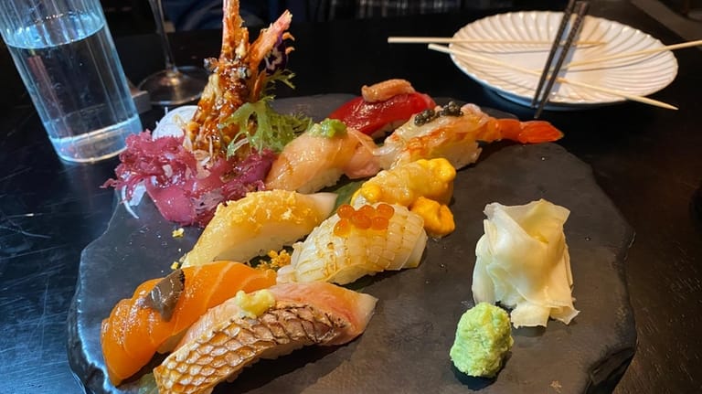 Nigiri sushi with unique toppings at Cinnabar in Massapequa.