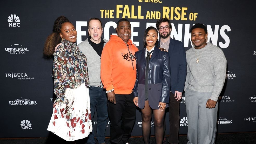 (L-R) Erika Alexander, Robert Carlock, Tracy Morgan, Precious Way, Sam Means and Jalyn Hall attend "The Fall & Rise of Reggie Dinkins" New York Screening at Tribeca Film Center on March 03, 2026 in New York City. (Photo by Marleen Moise/Getty Images)