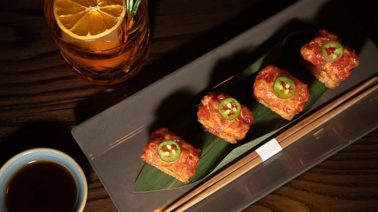 Crispy rice with spicy tuna, sriracha mayo and serrano chilis...