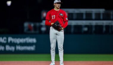 Georgia catcher and outfielder Daniel Jackson (3) during Georgia’s game against Queens at Foley Field in Athens, Ga., on Saturday, March 7, 2026. (Conor Dillon/UGAAA)