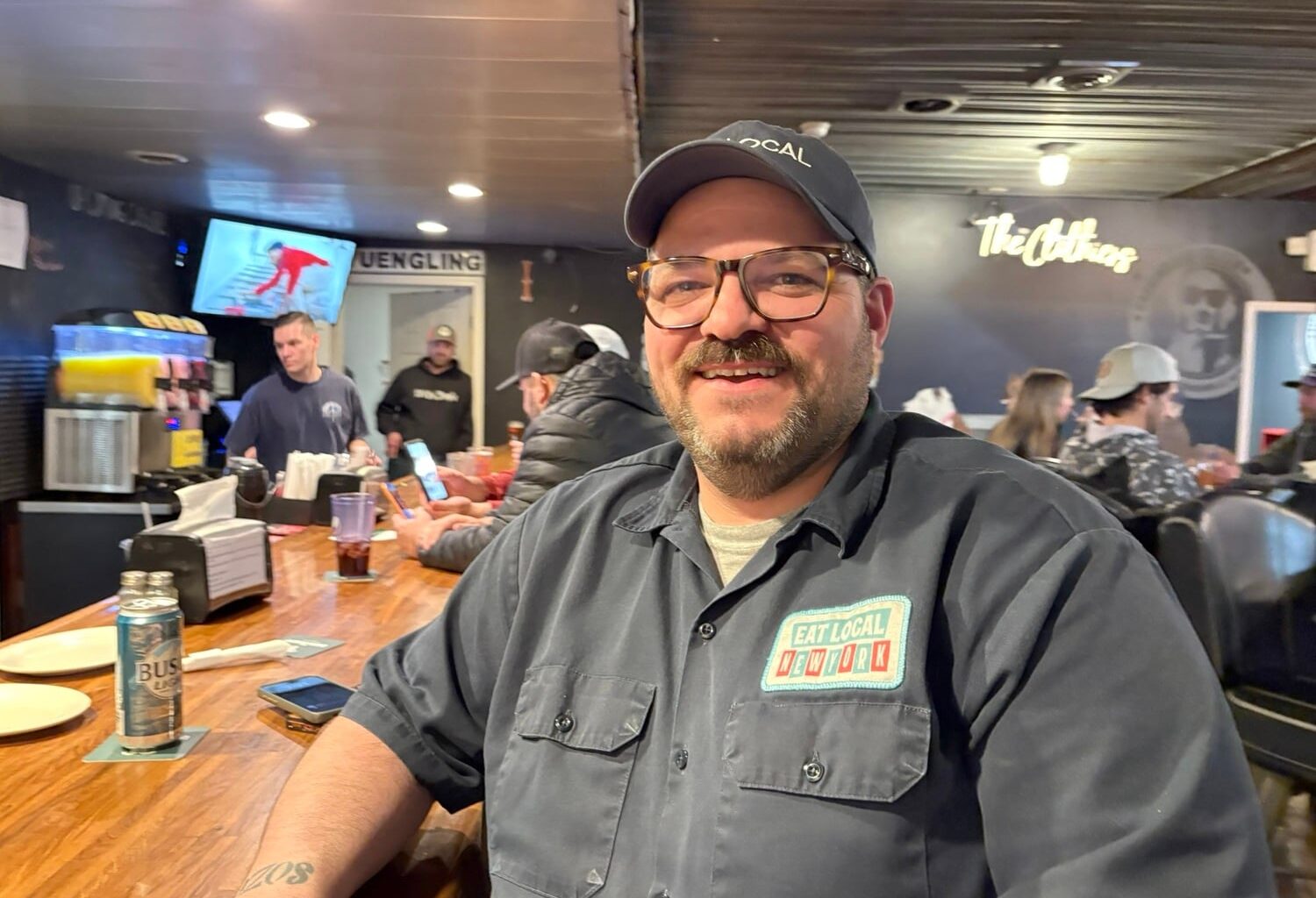 Anthony Tringale, from Syracuse, drives all over New York State to take selfie videos of himself eating at local restaurants. Photo: David Sommerstein