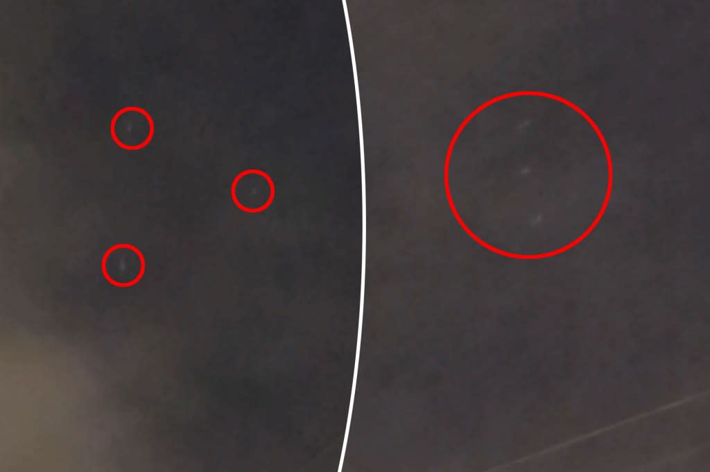 Charlie Correa, a Reddit user from Corona, Queens, shared viral footage of a strange trio of objects flying over New York City on Sunday, March 8, at 8:30 p.m. NYPost Composite