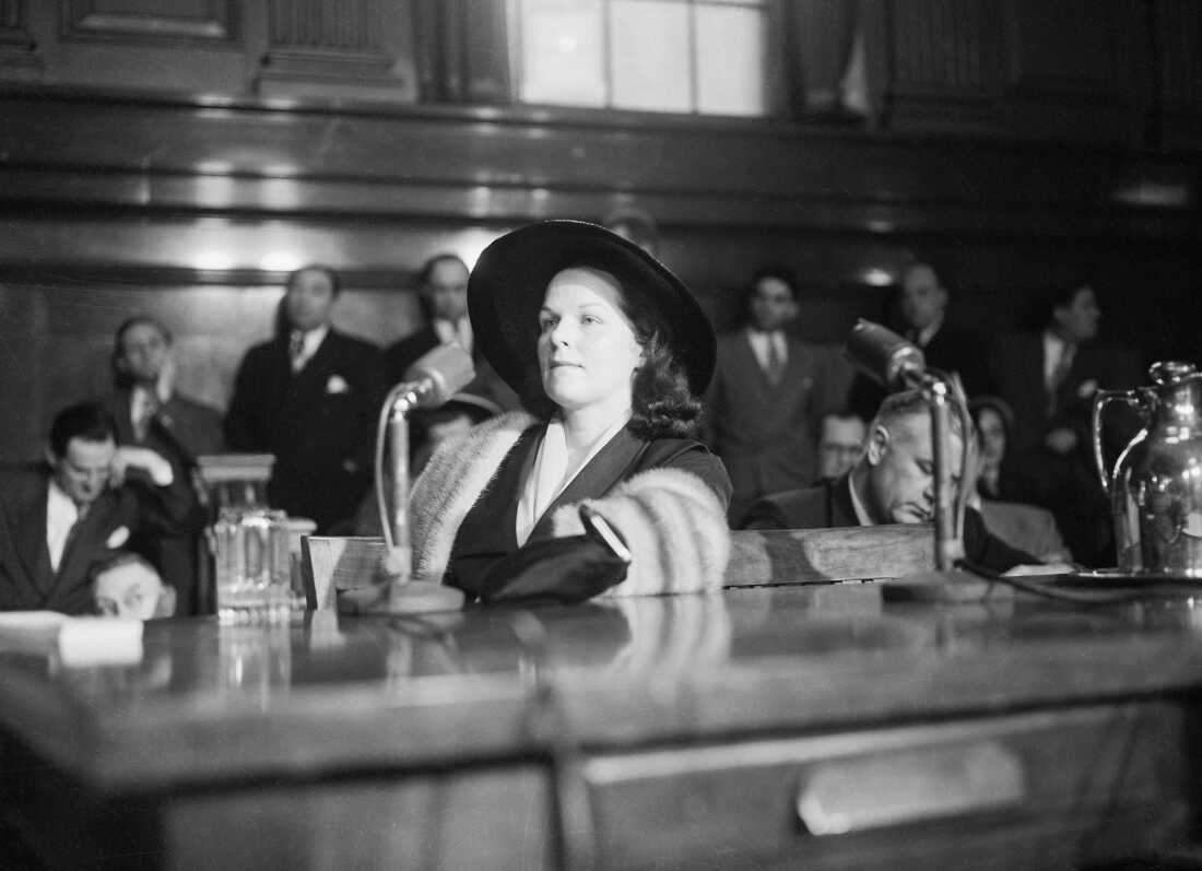 Wearing a silver blue mink stole, Virginia Hill is pictured in two character poses during her appearance before the Senate Crime Investigating Committee. Miss Hill, whose home was the scene of the fatal shooting of Bugsy Siegel in 1947, told the investigators that all her income came from her "friends" and gambling.
