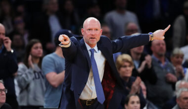 Villanova head coach Kevin Willard calls out to his team during second half of an NCAA college basketball game against Georgetown in the quarterfinals of the Big East basketball tournament Thursday, March 12, 2026, in New York. (AP Photo/Frank Franklin II)