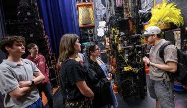 Students on a backstage tour of Broadway show