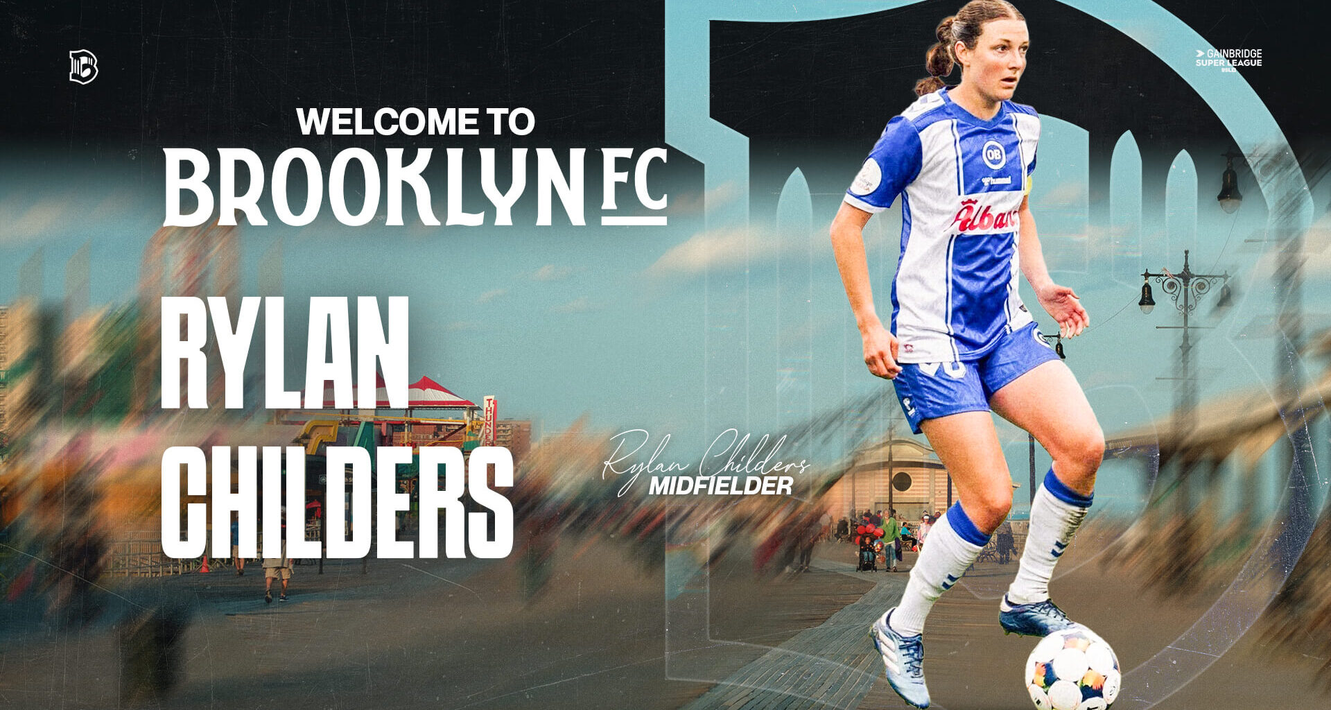 Rylan Childers dribbles the ball in a Brooklyn FC welcome graphic featuring the Coney Island boardwalk.