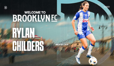 Rylan Childers dribbles the ball in a Brooklyn FC welcome graphic featuring the Coney Island boardwalk.