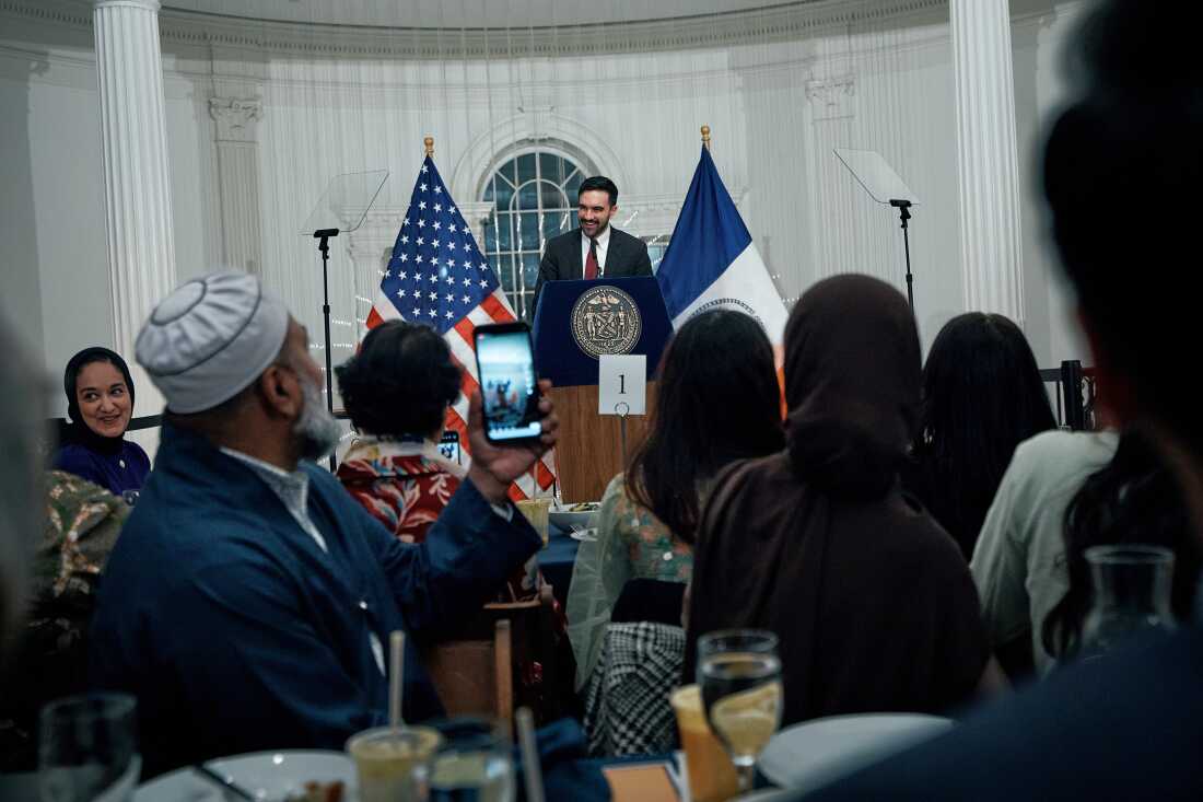 New York City Mayor Zohran Mamdani speaks to city workers during a Ramadan iftar meal at the Museum of the City of New York on Thursday, March 12, 2026, in New York. (AP Photo/Andres Kudacki)